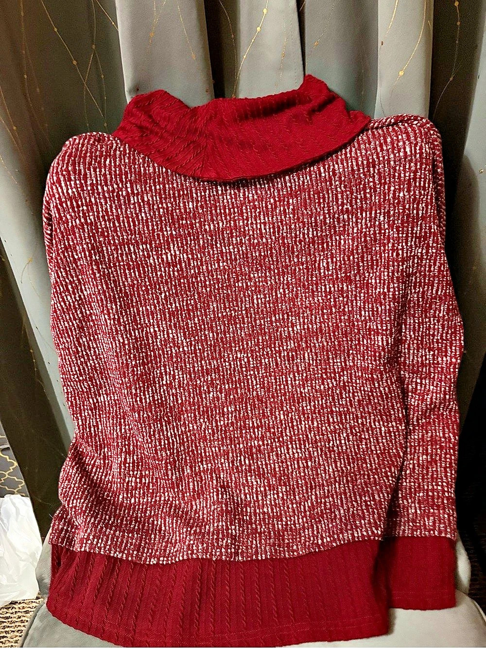 Ribbed Cowl Neck Sweater burgundy and white